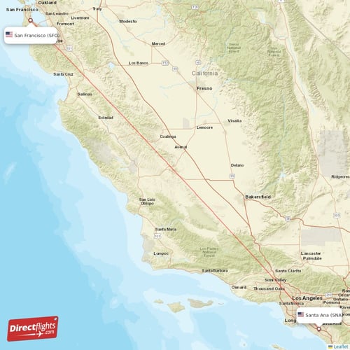 Santa Ana - San Francisco direct flight map