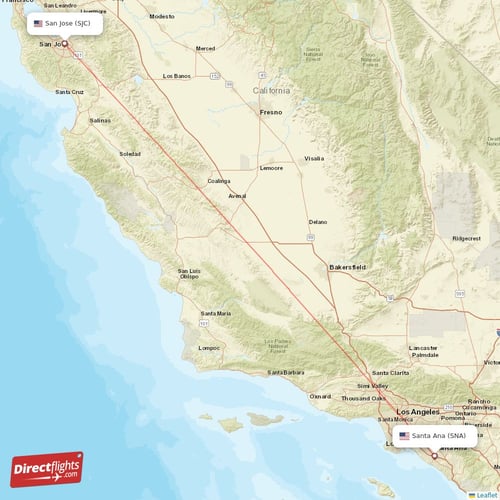 Santa Ana - San Jose direct flight map