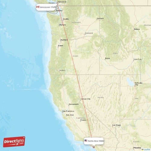 Santa Ana - Vancouver direct flight map