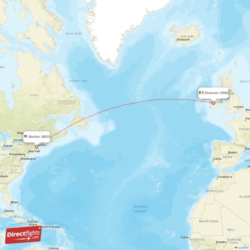 Shannon - Boston direct flight map
