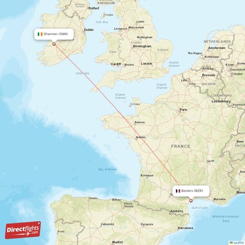 Shannon - Beziers direct flight map