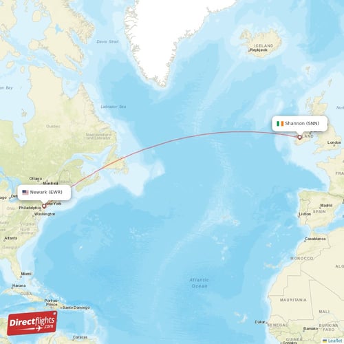 Shannon - New York direct flight map
