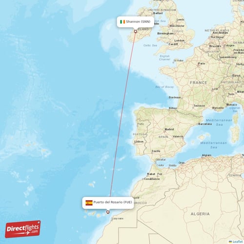 Shannon - Puerto del Rosario direct flight map