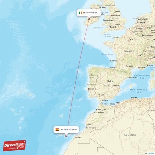 Shannon - Las Palmas direct flight map
