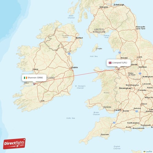Shannon - Liverpool direct flight map
