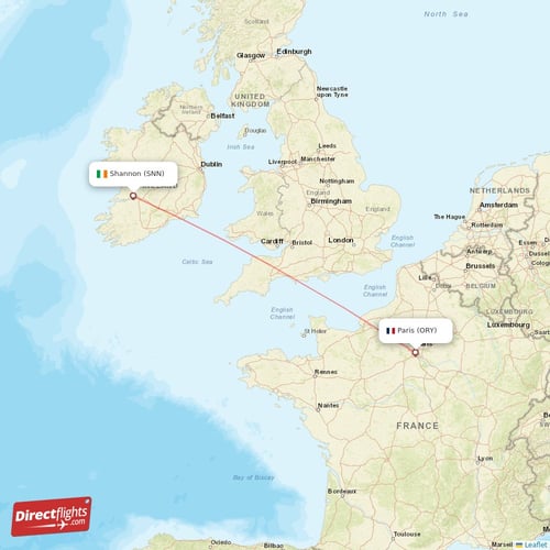 Shannon - Paris direct flight map