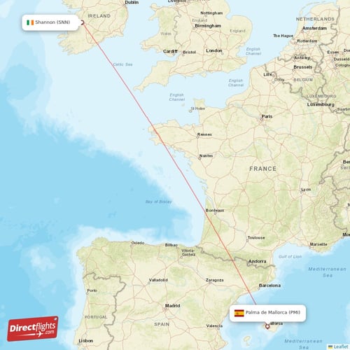 Shannon - Palma de Mallorca direct flight map