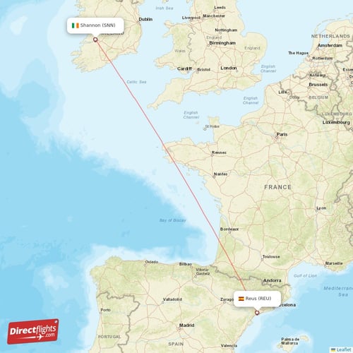 Shannon - Reus direct flight map