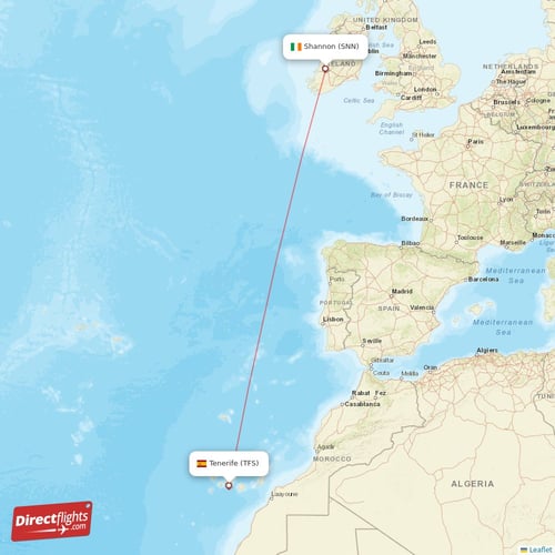 Shannon - Tenerife direct flight map