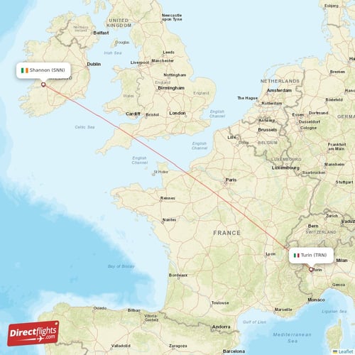 Shannon - Turin direct flight map