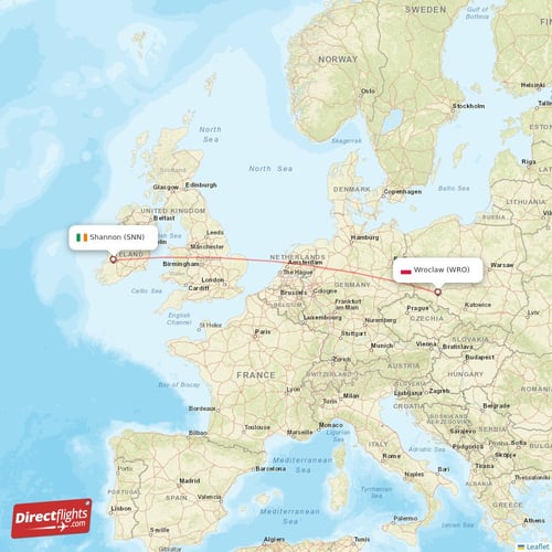 Shannon - Wroclaw direct flight map