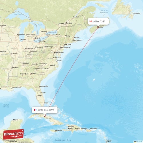 Santa Clara - Halifax direct flight map