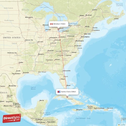 Santa Clara - Windsor direct flight map