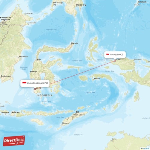 Sorong - Ujung Pandang direct flight map