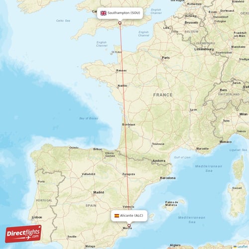 Southampton - Alicante direct flight map