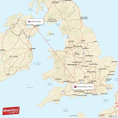 Southampton - Belfast direct flight map