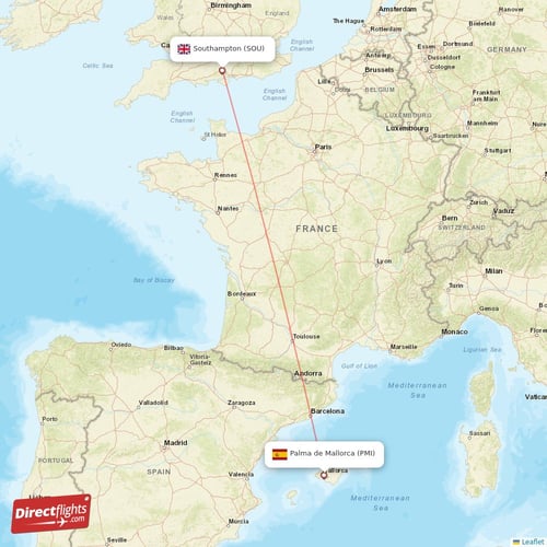 Southampton - Palma de Mallorca direct flight map