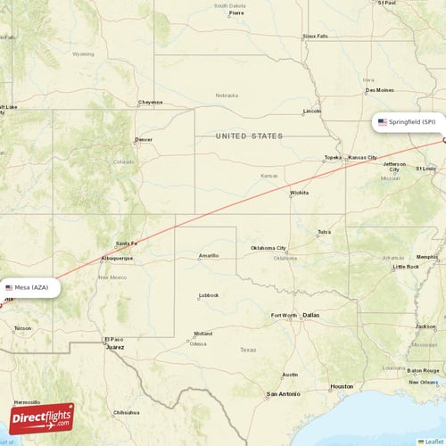 Springfield - Mesa direct flight map