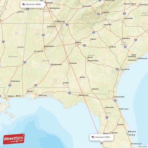 Sarasota - Nashville direct flight map
