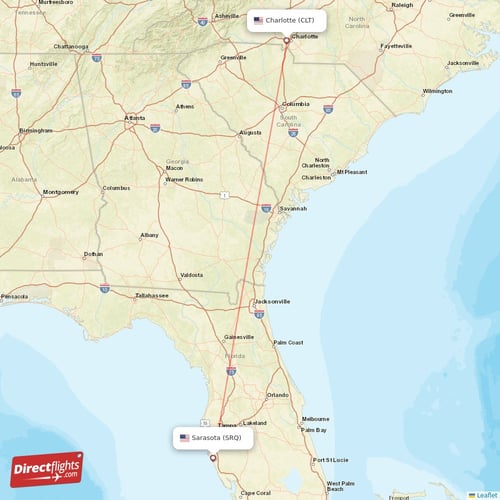 Sarasota - Charlotte direct flight map