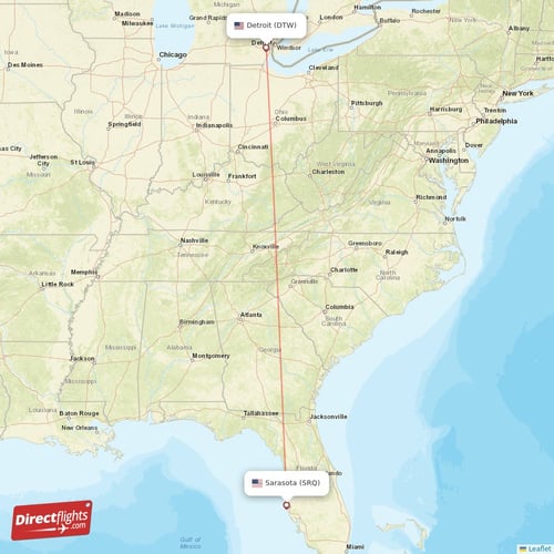 Sarasota - Detroit direct flight map