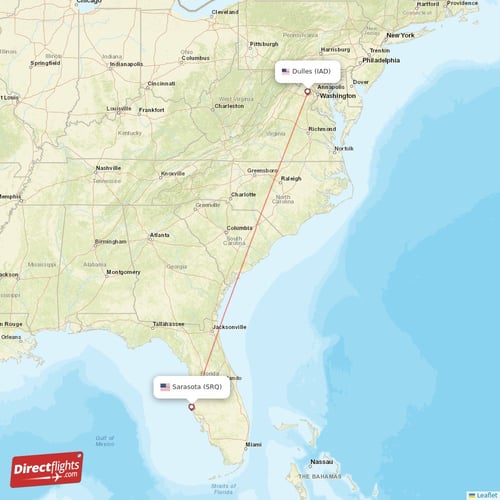 Sarasota - Dulles direct flight map
