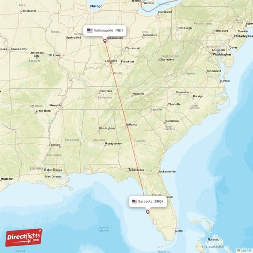 Sarasota - Indianapolis direct flight map