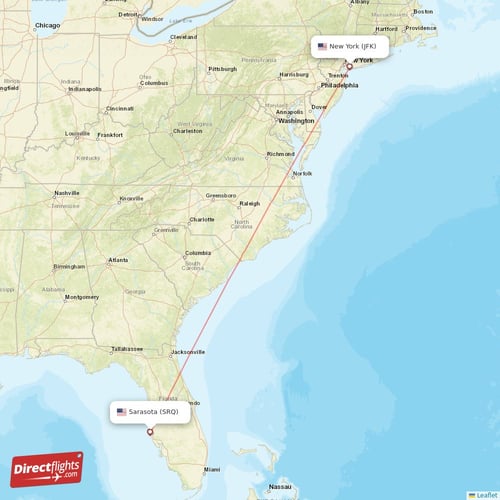 Sarasota - New York direct flight map
