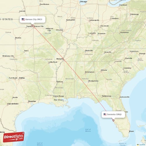 Sarasota - Kansas City direct flight map