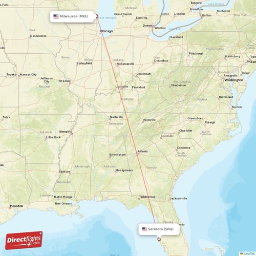 Sarasota - Milwaukee direct flight map
