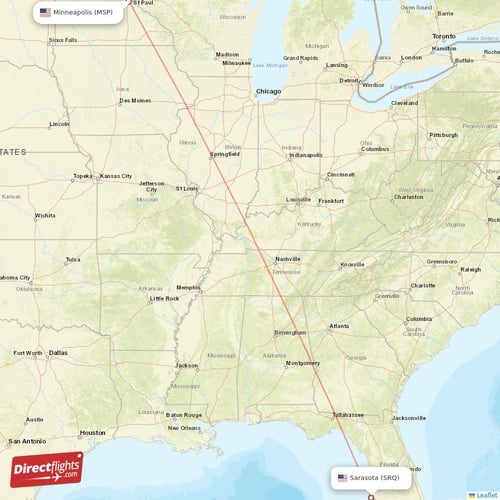 Sarasota - Minneapolis direct flight map