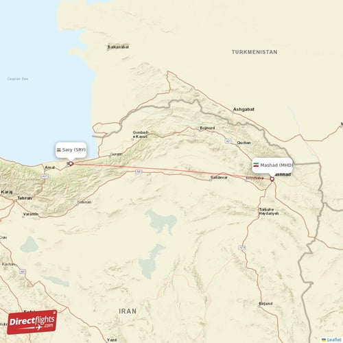 Sary - Mashad direct flight map