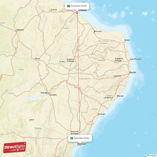 Salvador - Fortaleza direct flight map