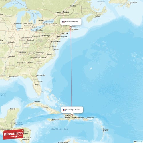 Santiago - Boston direct flight map