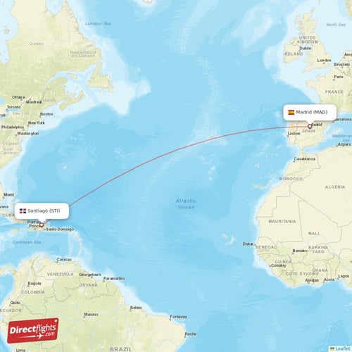 Santiago - Madrid direct flight map