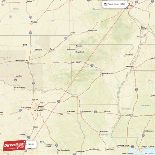 Saint Louis - Austin direct flight map