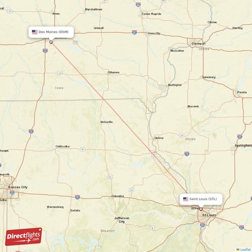 Saint Louis - Des Moines direct flight map