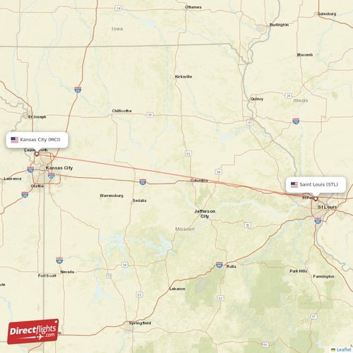 Saint Louis - Kansas City direct flight map