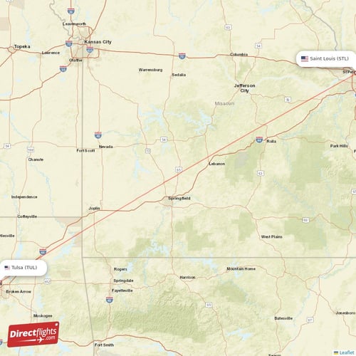 Saint Louis - Tulsa direct flight map