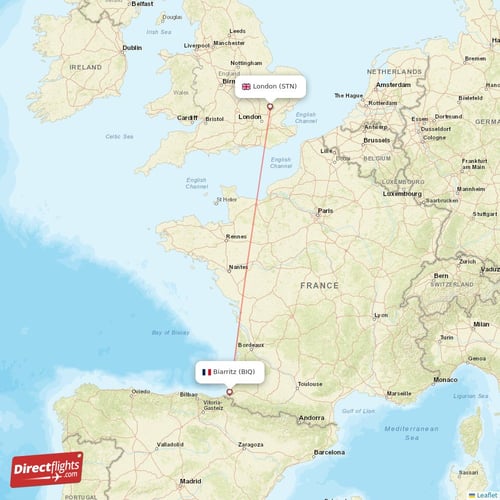 London - Biarritz direct flight map