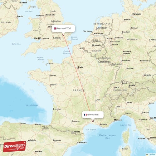 London - Nimes direct flight map