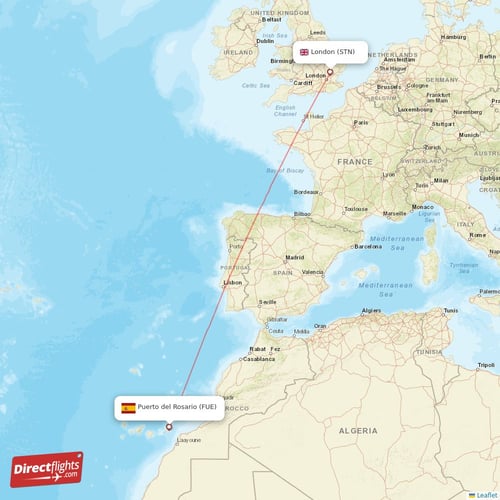 London - Puerto del Rosario direct flight map