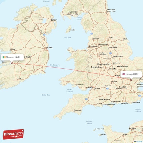 London - Shannon direct flight map