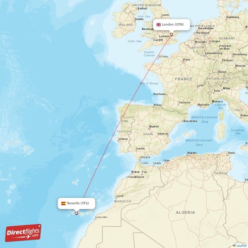 London - Tenerife direct flight map