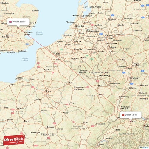 London - Zurich direct flight map