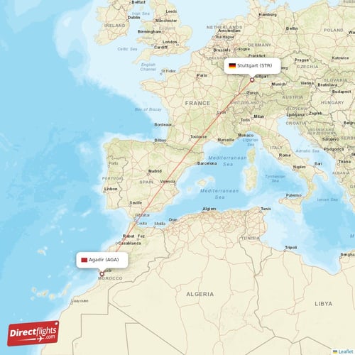 Stuttgart - Agadir direct flight map