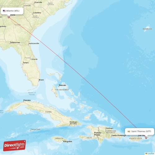 Saint Thomas - Atlanta direct flight map