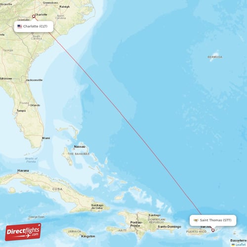 Saint Thomas - Charlotte direct flight map