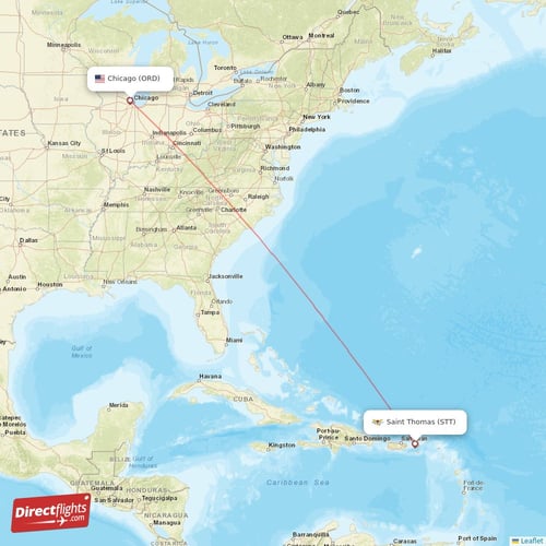 Saint Thomas - Chicago direct flight map