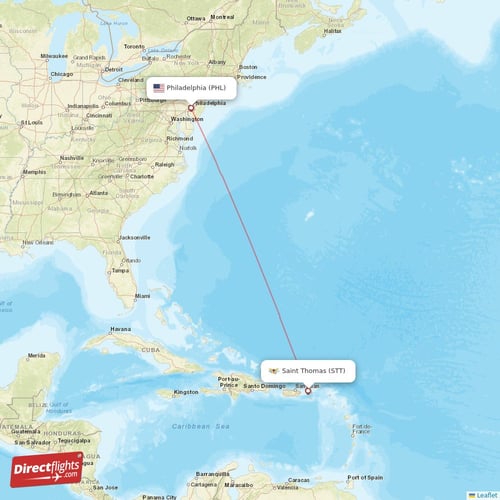 Saint Thomas - Philadelphia direct flight map